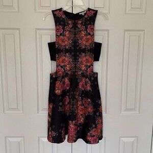 Ronny Kobo Black Floral Print Medium Cutout Fit And Flare Mini Dress